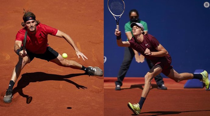 El tenista griego Stefanos Tsitsipas (izquierda) se medirá al italiano Jannik Sinner (derecha) en semifinales del Barcelona Open Banc Sabadell 2021