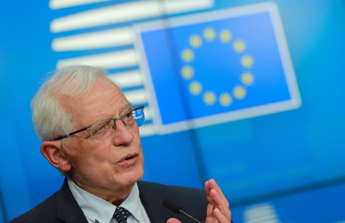 HANDOUT - 19 April 2021, Belgium, Brussels: European Union High Representative for Foreign Affairs Josep Borrell speaks during a press conference following the Informal video conference of Foreign Affairs Ministers. Photo: Zucchi Enzo/European Council/d
