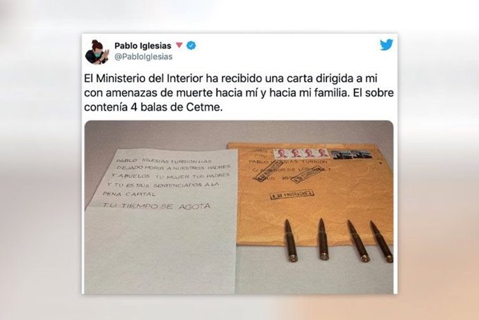 Mensaje en Twitter del secretario general de Podemos y candidato a la Comunidad de Madrid, Pablo Iglesias, denunciando la recepción de una carta con amenazas de muerte.