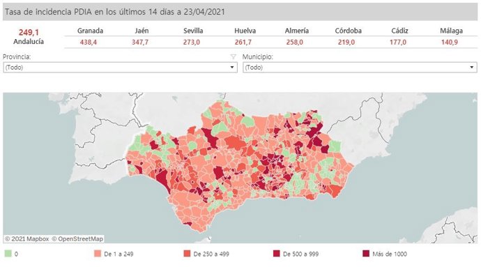Mapa de Andalucía con nivel de incidencia de Covid-19 por municipios a 23 de abril de 2021