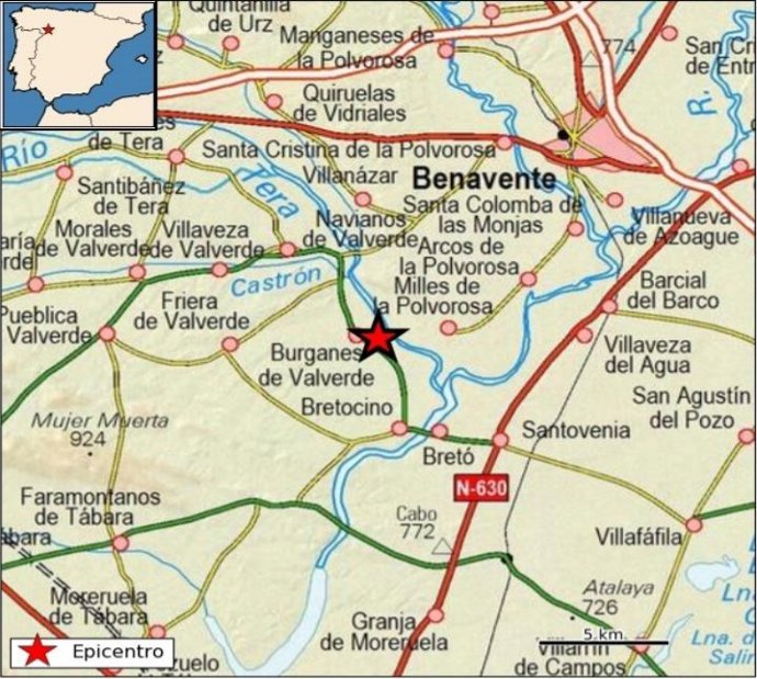 Epicentro del terremoto de 2,8 grados registado en Burganes de Valverde, en Zamora.