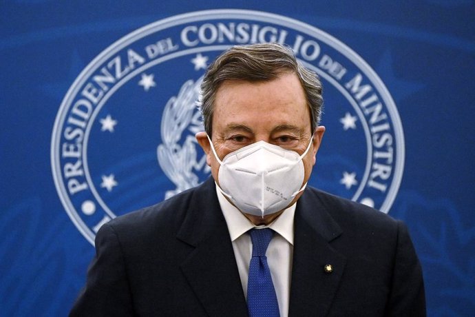 08 April 2021, Italy, Rome: Italian Prime Minister Mario Draghi arrives for a press conference on the vaccination plan to fight COVID-19 pandemic. Photo: Riccardo Antimiani/Pool Ansa via LaPresse via ZUMA Press/dpa