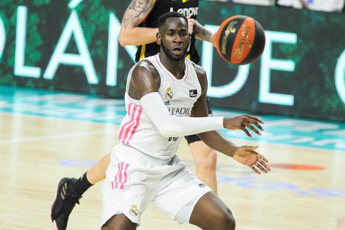Usman Garuba of Real Madrid in action during the Liga ACB match between Real Madrid and Lenovo Tenerife at WiZink Center on April 13, 2021 in Madrid, Spain.