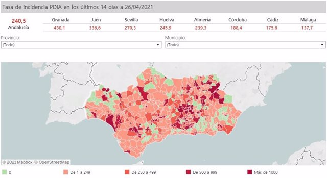 Mapa de Andalucía con nivel de incidencia de Covid-19 por municipios a 26 de abril de 2021