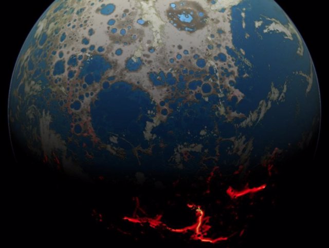 Concepción de un artista de la Tierra primitiva, que muestra una superficie bombardeada por grandes impactos que dan como resultado la extrusión de magma a la superficie.