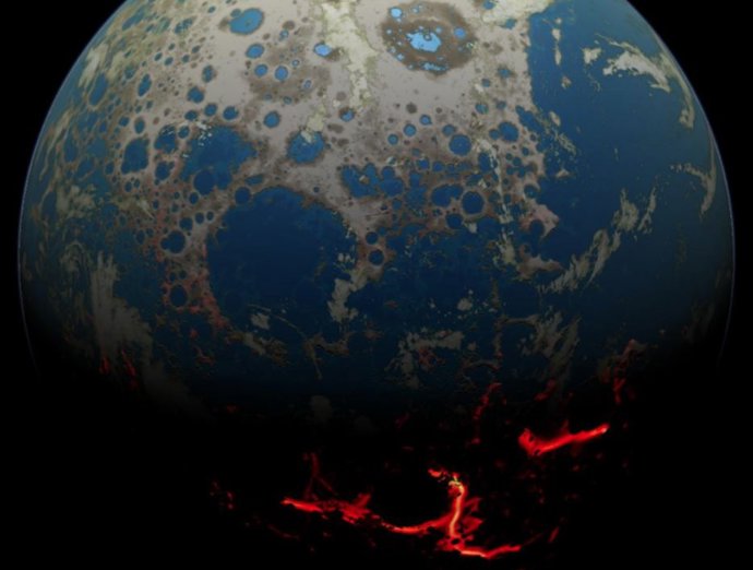 Concepción de un artista de la Tierra primitiva, que muestra una superficie bombardeada por grandes impactos que dan como resultado la extrusión de magma a la superficie.