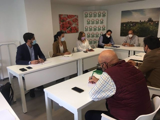 Imagen del encuentro en Sevilla de la diputada en el Congreso de Podemos Andalucía, Isabel Franco, y el autonómico Ismael Sánchez con los dirigentes de la organización agraria UPA Andalucía.