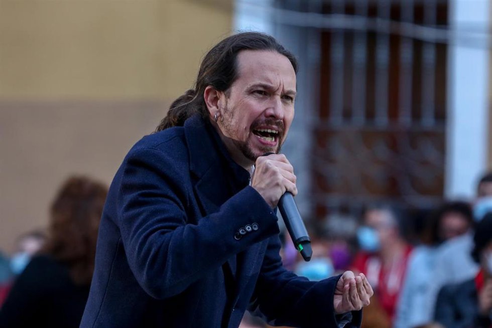 El líder de Unidas Podemos y candidato a la Presidencia de la Comunidad, Pablo Iglesias, durante un acto electoral en el distrito de Villaverde, en Madrid.