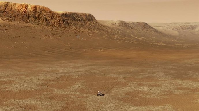 Ilustración del rover Perseverance de la NASA trabajando dentro del cráter Jezero en Marte.