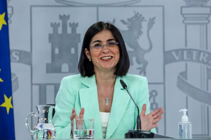 La ministra de Sanidad, Carolina Darias durante una rueda de prensa posterior al Consejo Interterritorial del Sistema Nacional de Salud en la Secretaría de Estado de Comunicación del Complejo de la Moncloa, a 21 de abril de 2021, en Madrid (España). El 