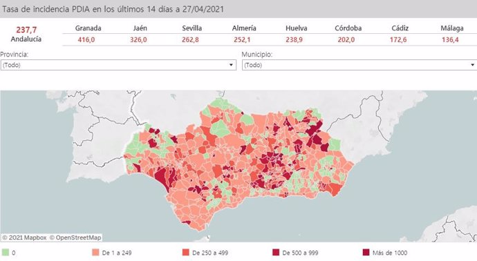 Mapa de Andalucía con nivel de incidencia de Covid-19 por municipios a 27 de abril de 2021