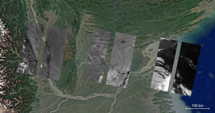 Imágenes obtenidas por la cámara infrarroja DRAGO (en escala de grises) sobre una imagen en color de Google Earth de la región del delta del Ganges