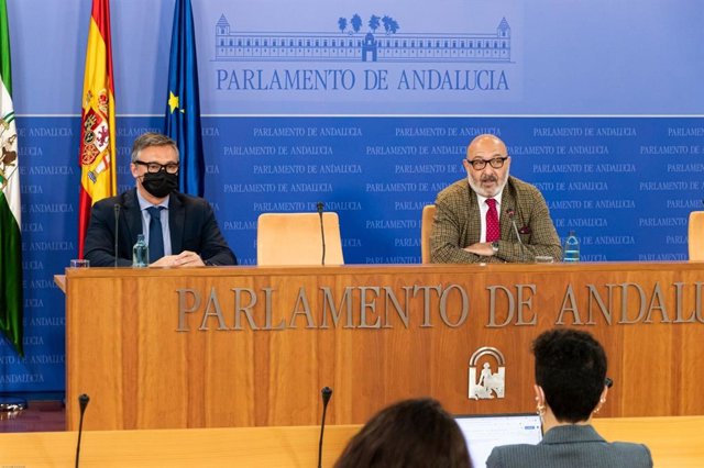 El presidente del Grupo Parlamentario de Vox, Manuel Gavira, y el portavoz Alejandro Hernández, este martes en rueda de prensa.
