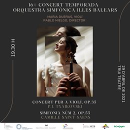 Cartel del concierto de la Orquesta Sinfónica de Baleares y la violinista María Dueñas.