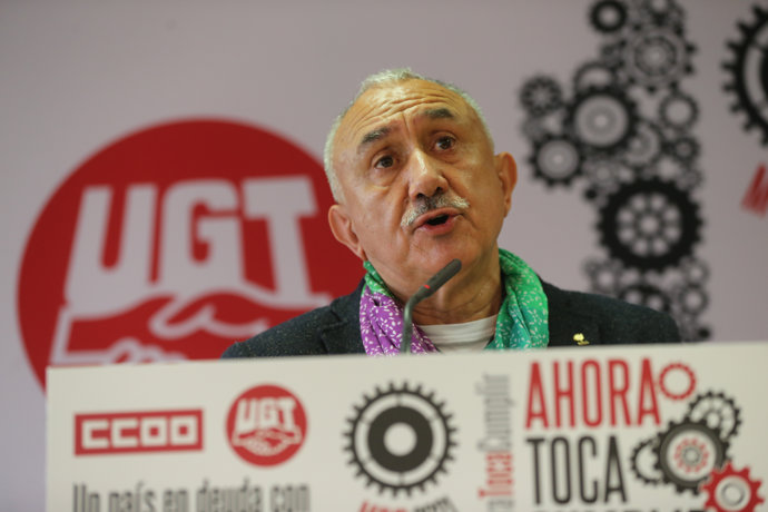 El secretario general de UGT, Pepe Álvarez interviene durante la presentación de los actos de conmemoración del Primero de Mayo, a 22 de abril de 2021, en Madrid (España)
