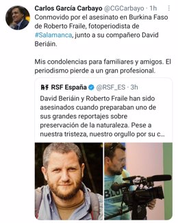 Tuit de Carlos García Carbayo en el que muestra sus condolencias por el asesinato de los dos periodistas españoles.