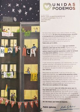 Unidas Podemos insiste en su buzoneo electoral que "los egoístas e intolerantes son minoría" y que Madrid "no es derechas"