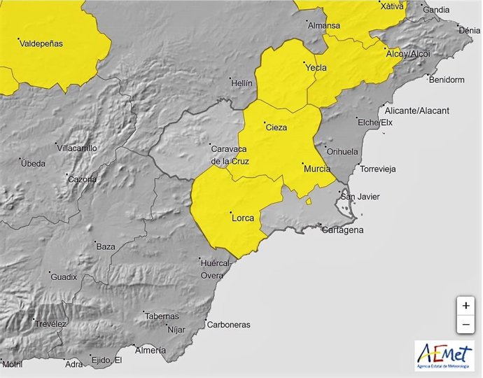 Aviso amarillo por lluvias en el Altiplano, Vega del Segura y Valle del Guadalentín, Lorca y Águilas