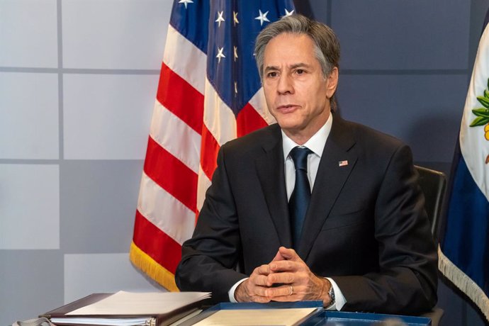 Archivo - HANDOUT - 22 February 2021, US, Washington: USSecretary of State Antony Blinken participates in a video teleconference with the European Union's Foreign Affairs Council at the US Department of State in Washington. Photo: Ron Przysucha/US Depa