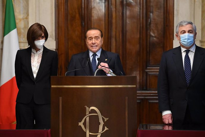 Archivo - 09 February 2021, Italy, Rome: Former Italian Prime Minister Silvio Berlusconi speaks during a press conference after his meeting with Mario Draghi, at the Italian Chamber of Deputies. Draghi, the former chief of the European Central Bank has 