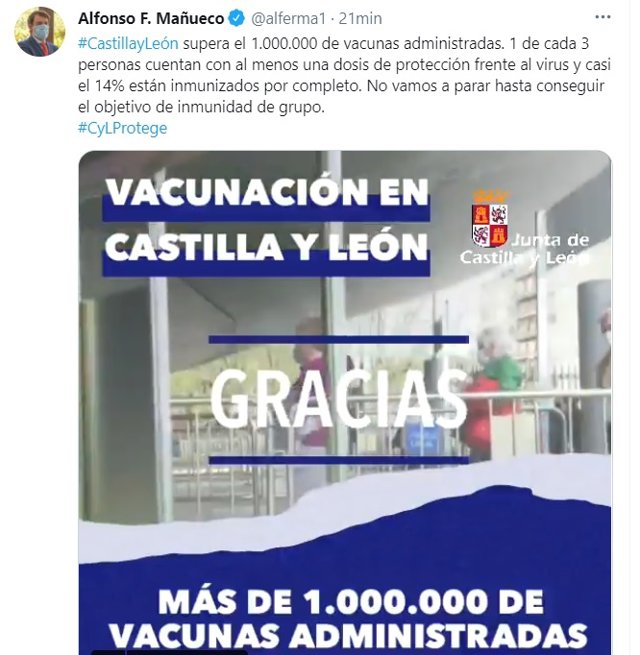 Tuit de Alfonso Fernández Mañueco en el que informa de que ya se han administrado más de un millón de dosis de vacunas.