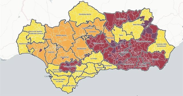 Mapa de Andalucía con niveles de alerta Covid vigentes por distritos sanitarios a 28 de abril de 2021