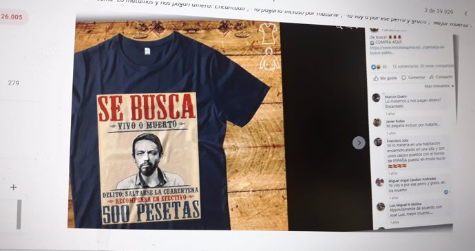 Facua lleva a Fiscalía la venta 'on line' de camisetas con Iglesias en una diana