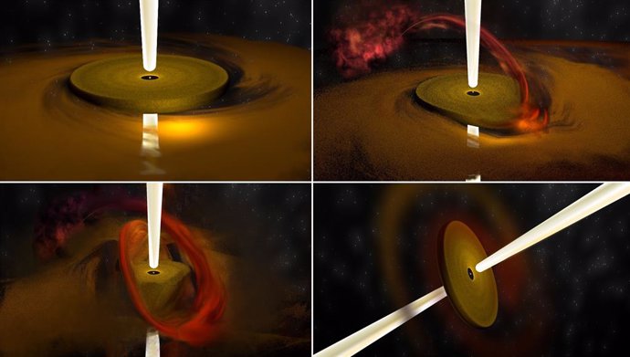 La concepción del artista ilustra el proceso observado en la formación de estrellas mucho más masivas que el Sol.