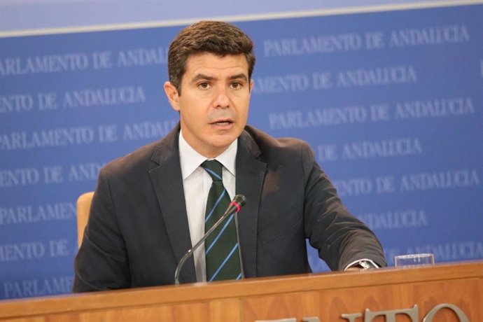 El portavoz de Cs en el Parlamento de Andalucía, Sergio Romero, este miércoles en rueda de prensa.