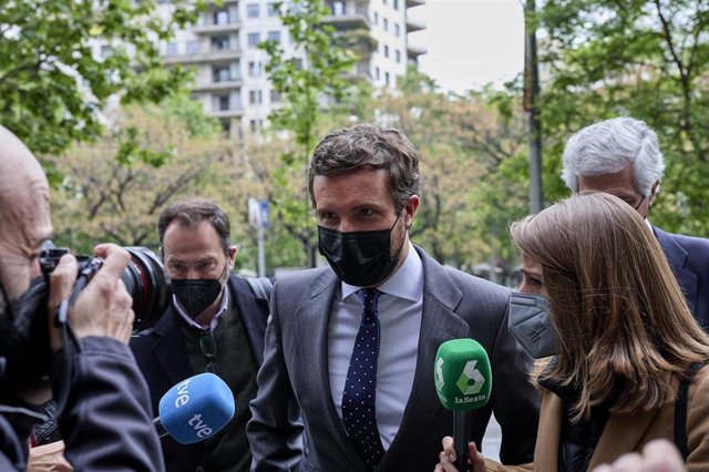 El presidente del PP, Pablo Casado, a su llegada a un acto. En Madrid, a 26 de abril de 2021, en Madrid, (España).