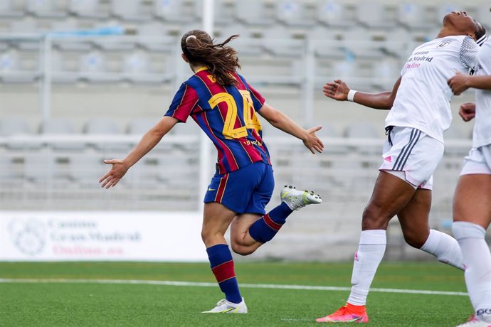Bruna Vilamala of FC Barcelona celebrates a goal during the spanish women league, Primera Iberdrola, football match played between Madrid CFF and FC Barcelona at Antiguo Canodromo on April 28, 2021 in Madrid, Spain.