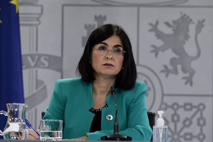 La ministra de Sanidad, Carolina Darias durante una rueda de prensa posterior al Consejo Interterritorial del Sistema Nacional de Salud en la Secretaría de Estado de Comunicación del Complejo de la Moncloa, a 28 de abril de 2021, en Madrid (España). Dur