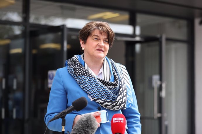 27 April 2021, United Kingdom, Belfast: Northern Ireland's First Minister Arlene Foster answers questions on her leadership during a visit to the Hammer Youth Centre. Photo: Liam Mcburney/PA Wire/dpa