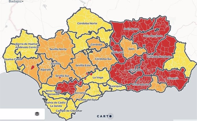 Mapa de Andalucía con niveles de alerta de Covid-19 por municipios vigentes desde el jueves 29 de abril de 2021