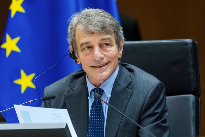 HANDOUT - 28 April 2021, Belgium, Brussels: President of the European Parliament David Sassoli announces the results of the voting on the Brexit trade deal between the European Union and Britain, during a plenary session of the European Parliament. Out 