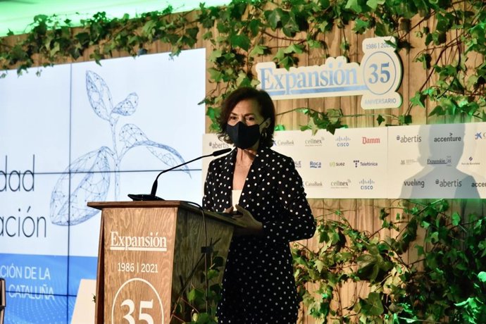 La vicepresidenta primera del Gobierno, Carmen Calvo, este jueves en Barcelona