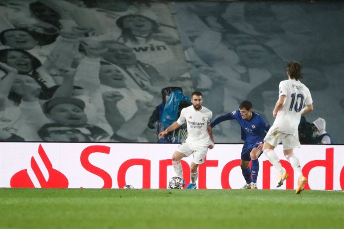 Daniel Carvajal of Real Madrid in action during the UEFA Champions League, Semifinals Leg Two, football match played between Real Madrid and Chelsea FC at Alfredo Di Stefano stadium on April 27, 2021, in Valdebebas, Madrid, Spain.