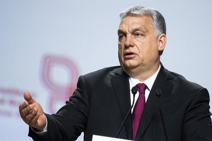 Archivo - 17 February 2021, Poland, Krakow: Viktor Orban, Hungarian Prime Minister, speaks during a joint press conference after a meeting with the Visegrad cooperation (V4 group) leaders during the 30th anniversary of Visegrad cooperation at Wawel Cast
