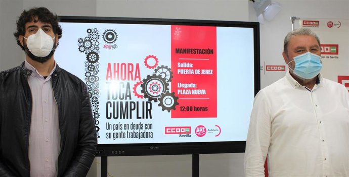 Aristu y Ginés, en la rueda de prensa conjunta de CCOO y UGT sobre el 1 de Mayo