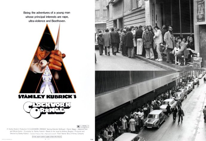 Cartel original de La naranja mecánica, junto a las cola de espectadores de Seminci en el teatro Carrión en su primera proyección en España.