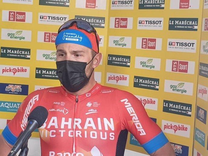 El ciclista italiano Sonny Colbrelli (Bahrain-Victorious) tras ganar la segunda etapa del Tour de Romandía 2021