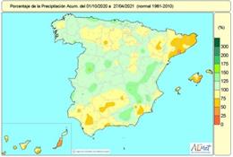 Lluvias acumuladas en España desde el 1 de octubre de 2020 hasta el 27 de abril de 2021.