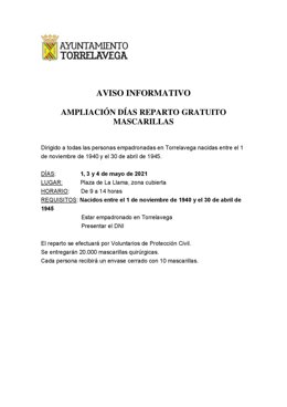 Aviso del reparto de mascarillas en Torrelavega