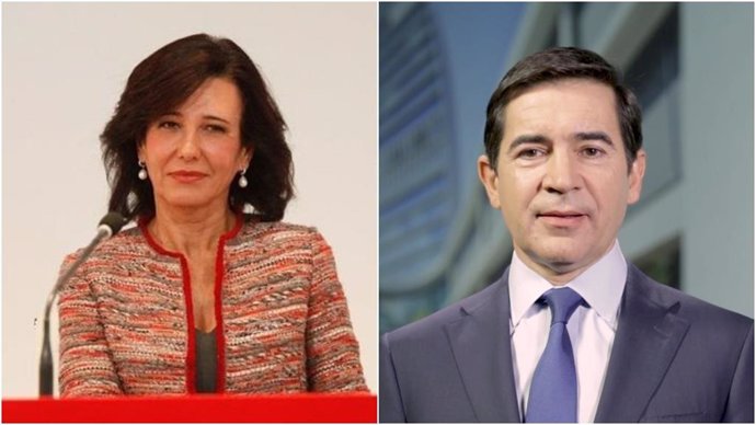 Archivo - La presidenta del Banco Santander, Ana Botín, y el presidente del BBVA, Carlos Torres