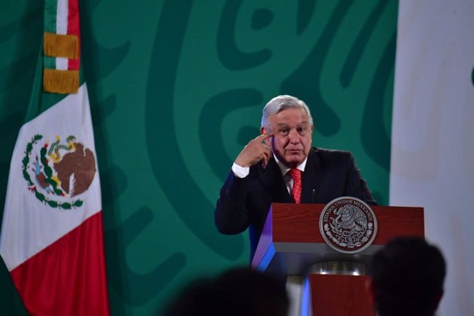 27 April 2021, Mexico, Mexico City: Mexican President Andres Manuel Lopez Obrador speks during his daily press conference at the National Palace. Photo: -/El Universal via ZUMA Wire/dpa