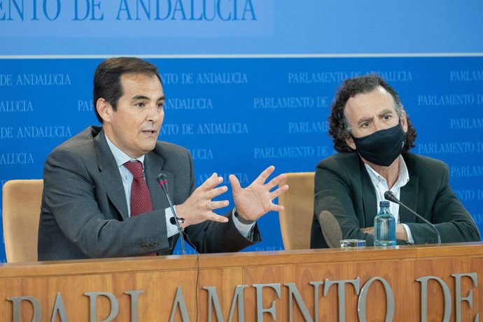 El portavoz del PP en el Parlamento de Andalucía, José Antonio Nieto, y el diputado Pablo Venzal, este martes en rueda de prensa.