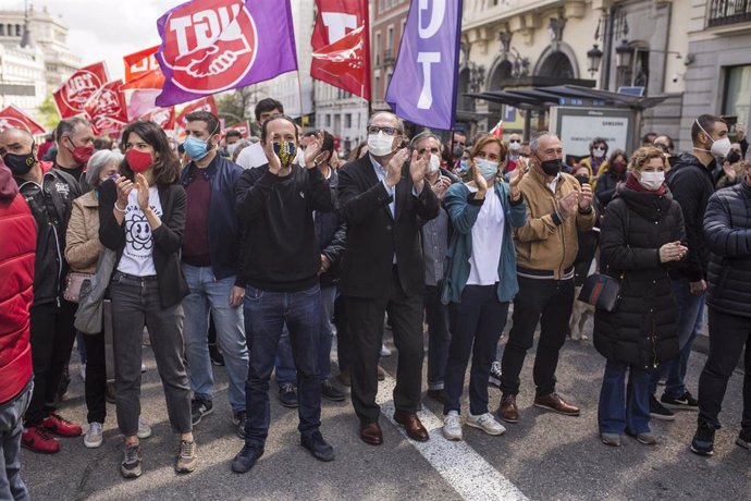 (I-D) La 'número 2' de Unidas Podemos para las elecciones a la Asamblea de Madrid, Isa Serra; el candidato del partido a la Presidencia de la Comunidad de Madrid, Pablo Iglesias; el candidato del PSOE, Ángel Gabilondo, y la candidata de Más Madrid, Móni