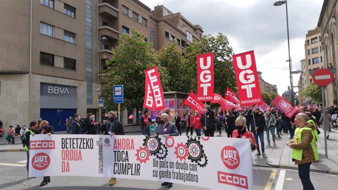 Manifestación de UGT y CCOO en Pamplona por el 1 de Mayo