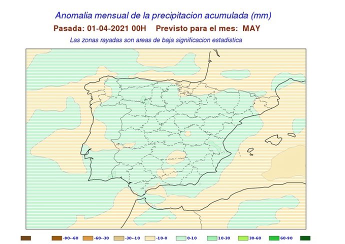 Mapa facilitado por la Aemet sobre la previsión de precipitaciones en CyL en el mes de mayo