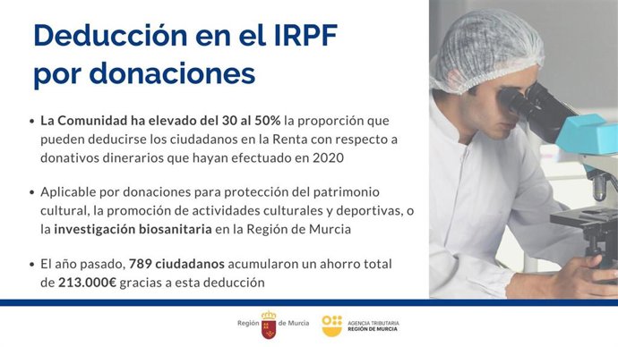 Gráfico informativo sobre la deducción autonómica por donativos dinerarios para la protección del patrimonio cultural, la promoción de actividades culturales y deportivas, o la investigación biosanitaria